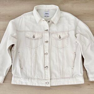 Zara Off-White Jean Jacket 100% Cotton Contrasting Stitching Oversized Size M-L
